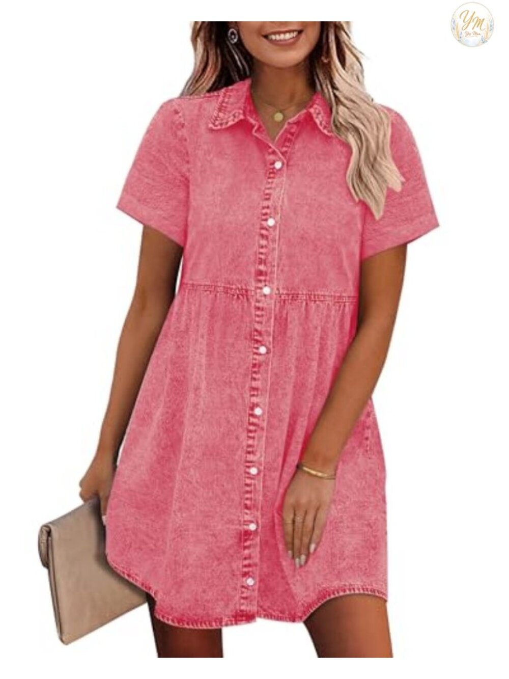 Denim Babydoll Dress Womens Tiered Short Sleeve Button Down Jean Shirt Mini